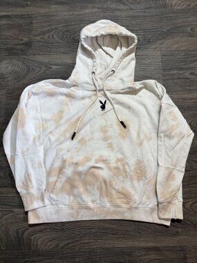 Playboy x Missguided Sweatshirt Hoodie Medium 8 Tie Dye Pullover Tan White Cotto